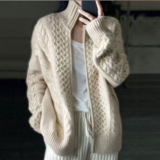 Heavy Thickened Women's Turtleneck Zipper Twisted Cashmere Cardigan Soft Lazy Loose Short Sweater Wool Top Jacket