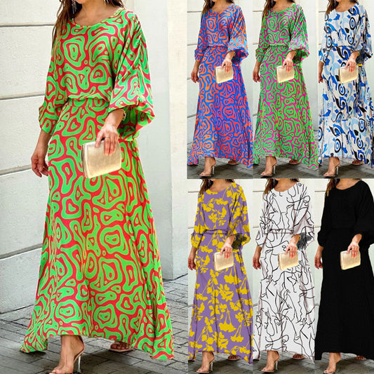 Women&#039;s Summer New Loose Large Size Printed Long-sleeved Top High Waist Half-length Dress Suit