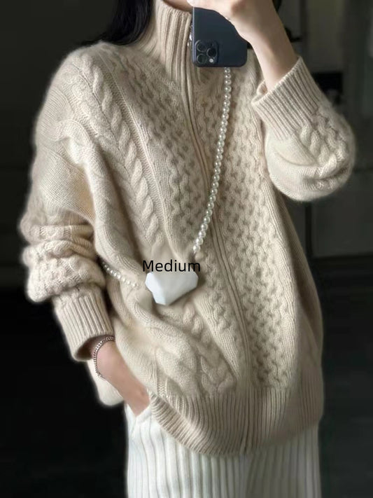 Heavy Thickened Women's Turtleneck Zipper Twisted Cashmere Cardigan Soft Lazy Loose Short Sweater Wool Top Jacket
